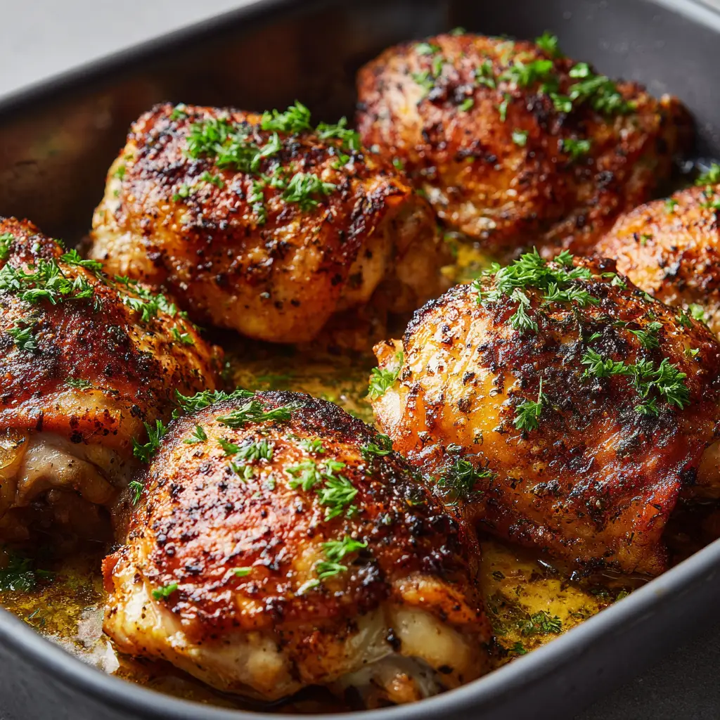 Close-up handheld smartphone photo of crispy skin-on baked chicken thighs arranged in a dark grey ceramic baking dish.