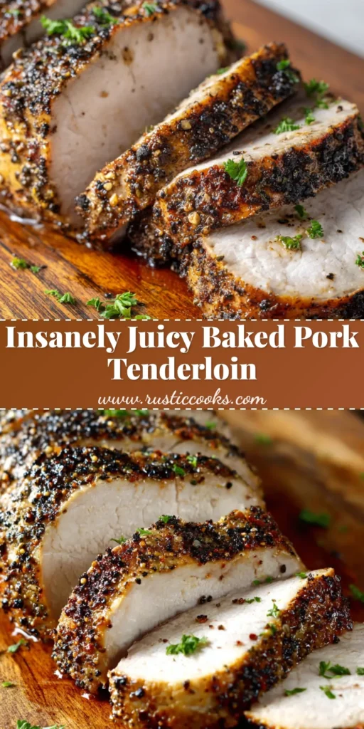 A top-down view of sliced oven baked pork tenderloin showing a golden-brown crust and juicy interior on a wooden board.