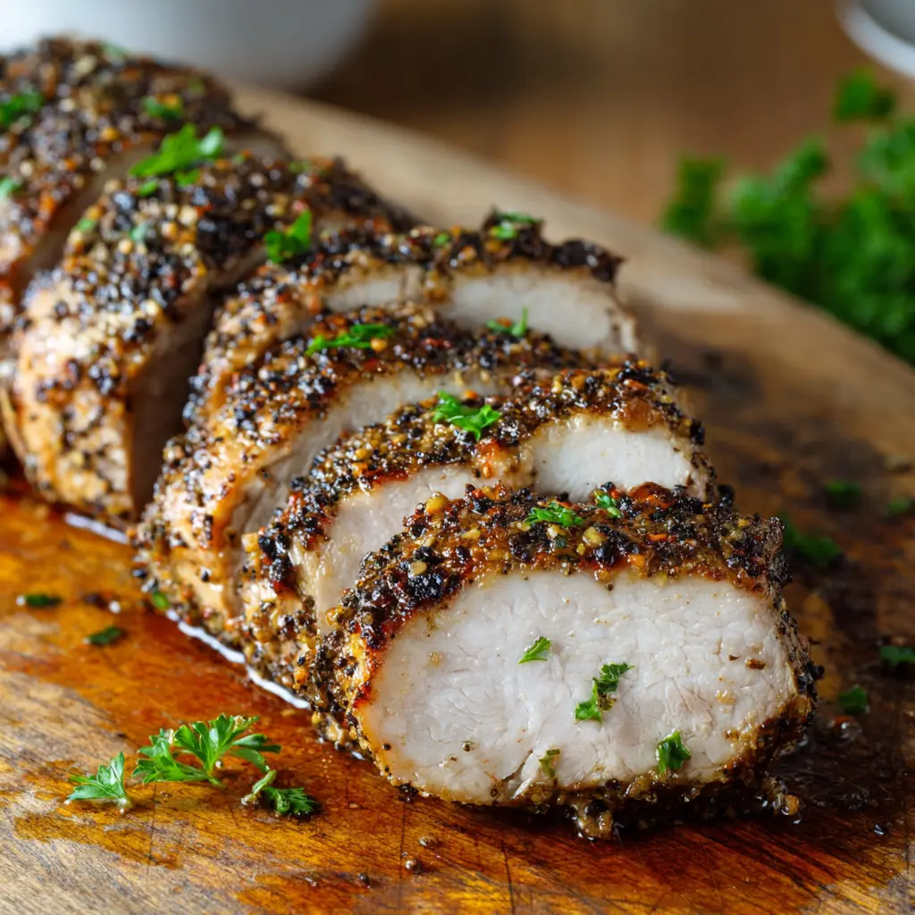 Sliced oven baked pork tenderloin overlapping on a rustic cutting board glistening with clear pan juices and fresh chopped parsley.