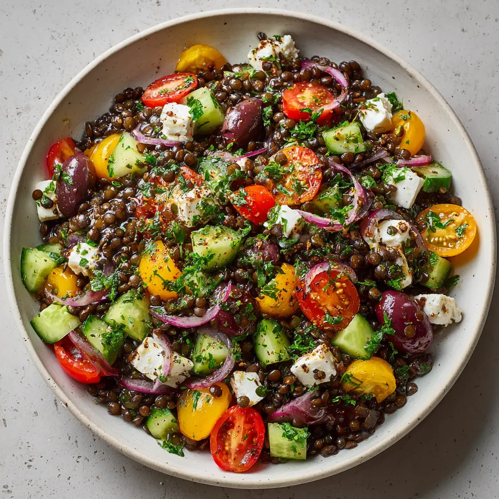 Vibrant Black Lentil Mediterranean Salad 2 Fresh Mediterranean salad ingredients including plump black beluga lentils, red and yellow cherry tomatoes, green cucumbers, and rustic crumbles of feta cheese.