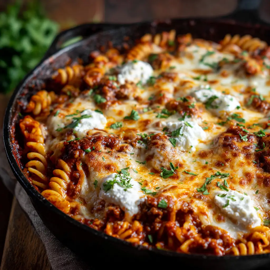 Close-up of raw ingredients for hamburger helper lasagna, including ground beef, broken wavy noodles, marinara, and mozzarella cheese.