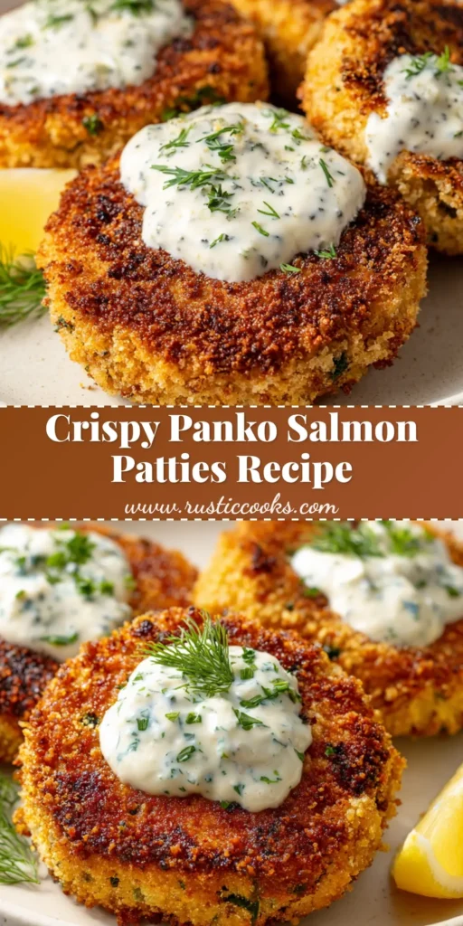 A top-down view of three Easy Salmon Patties with a deeply textured golden-brown panko crust, garnished with fresh dill and lemon.
