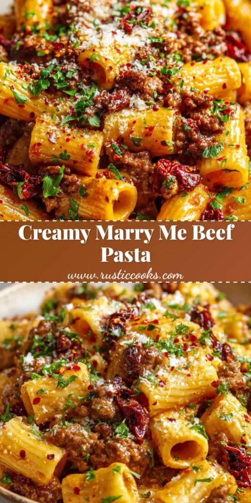 A rustic bowl filled with creamy Marry Me Ground Beef Pasta featuring rigatoni, sun-dried tomatoes, and parsley.