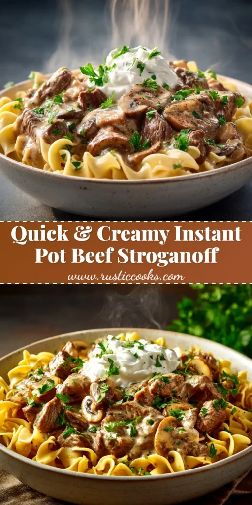A large white bowl of creamy Instant Pot Beef Stroganoff over egg noodles, garnished with fresh parsley. A wooden spoon rests beside the bowl.