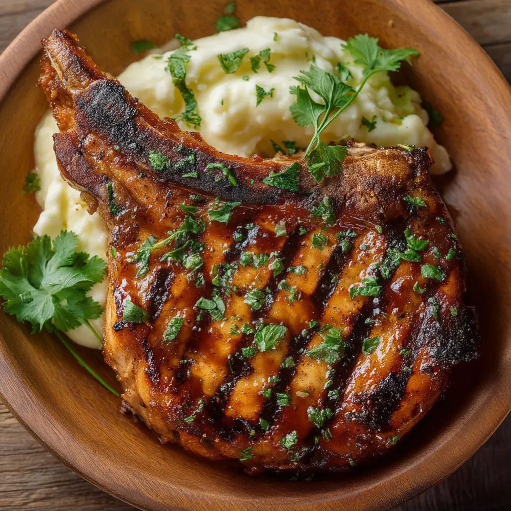 A perfectly grilled bone-in pork chop with beautiful char marks, glistening from the pork chop marinade. It is sliced to show the juicy interior.
