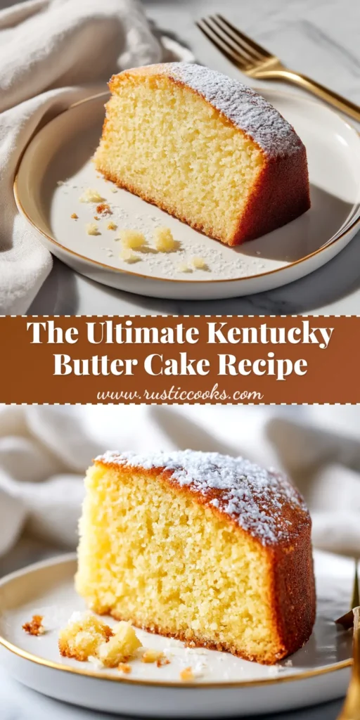 A stunning Kentucky Butter Cake Recipe on a white cake stand, drizzled with a buttery glaze. A single slice is cut, revealing the moist and tender crumb inside.