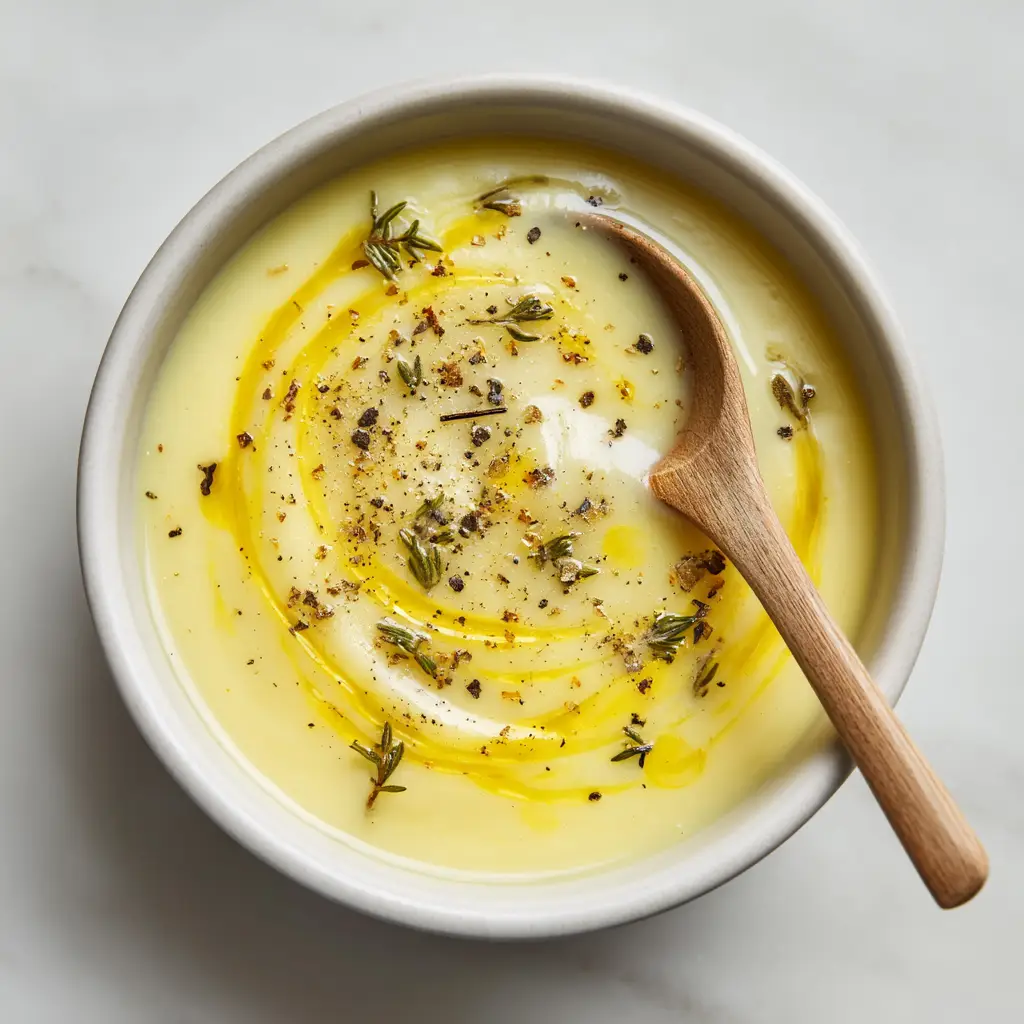 A slightly angled shot of potato leek soup in a rustic bowl, showcasing its rich texture, with a spoon resting beside it ready to be eaten.