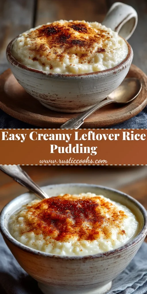 A close-up shot of a bowl of creamy leftover rice pudding recipe, garnished with a sprinkle of cinnamon and a cinnamon stick.