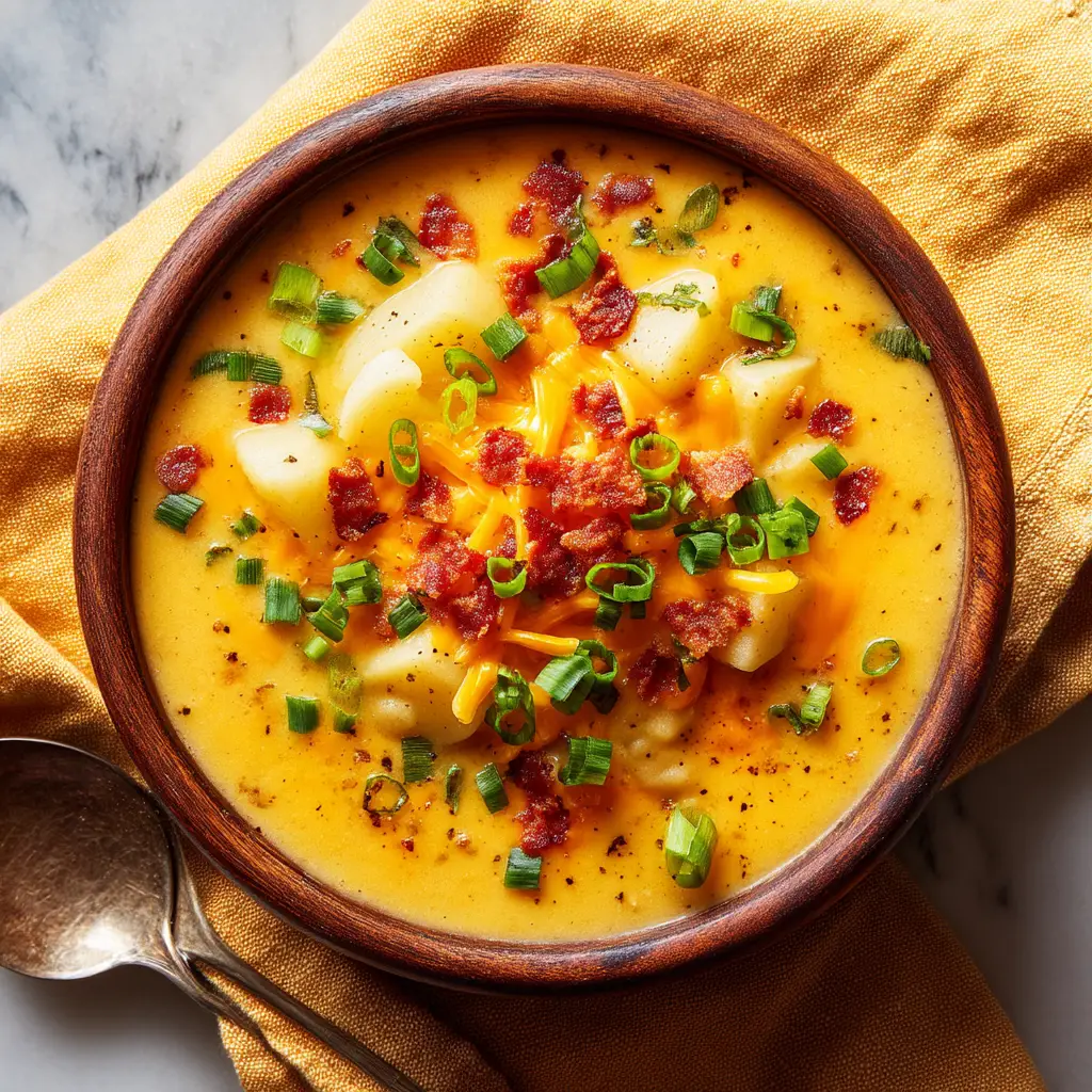 Crock Pot Cheesy Potato Soup: The Ultimate Comfort Meal 1 A warm bowl of loaded cheesy potato soup made in the crock pot, garnished with crispy bacon and shredded cheddar.