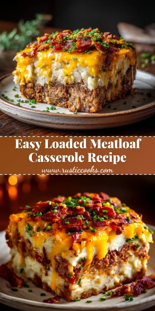 A delicious slice of Loaded Potato Meatloaf Casserole on a white plate, showcasing the savory meatloaf layer and cheesy loaded potato topping with bacon and green onions.