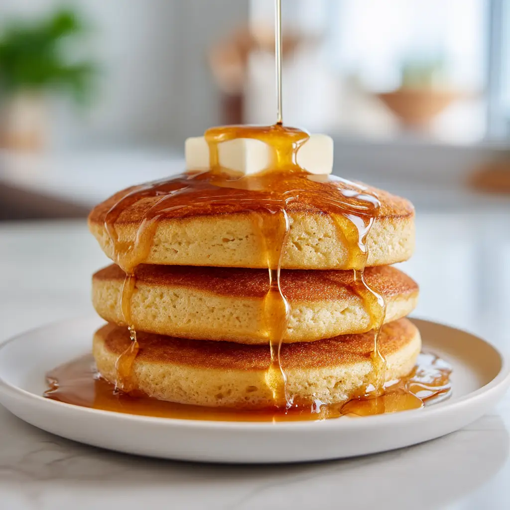 A beautiful stack of three golden-brown, fluffy low carb almond flour pancakes on a white plate, ready to be served.