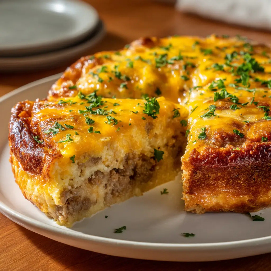A full 9x13 dish of freshly baked low-carb sausage and egg casserole, with a golden-brown cheesy top.