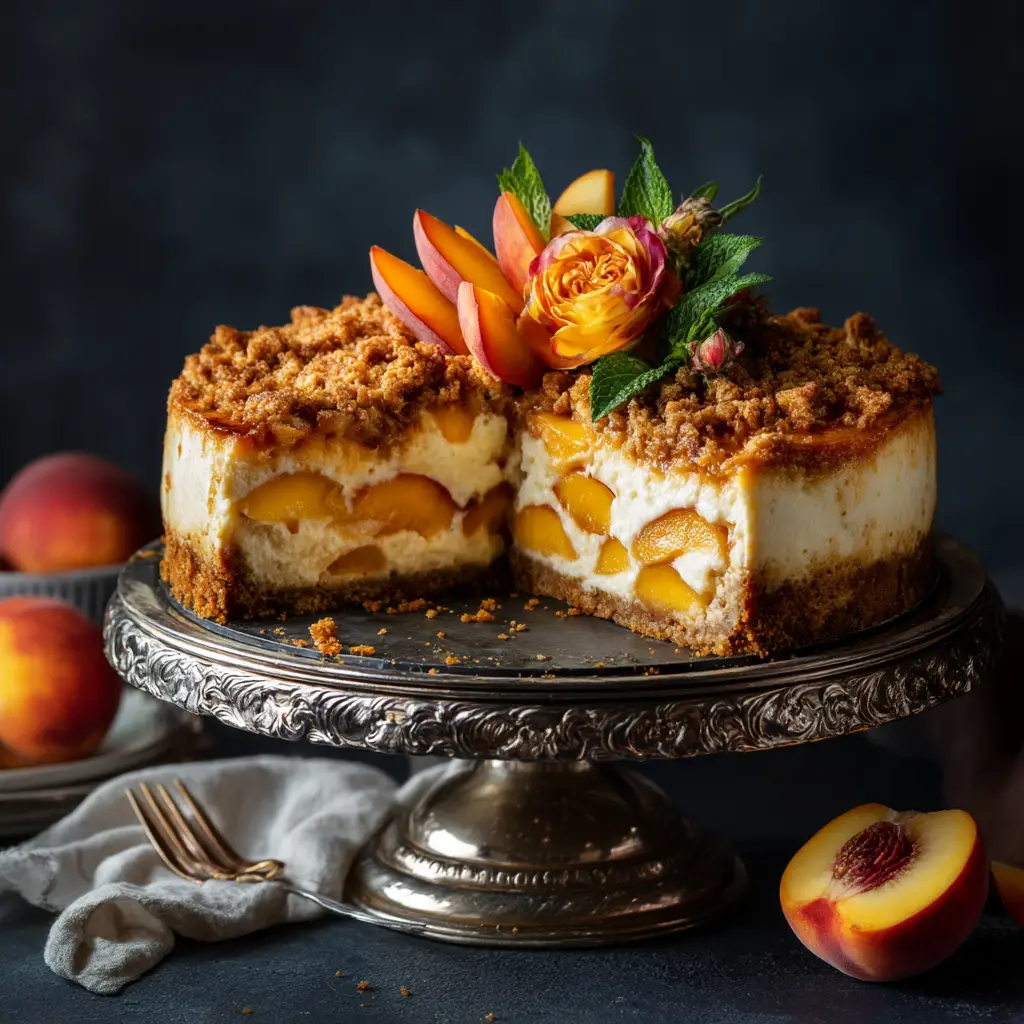 Bourbon Peach Streusel Cheesecake: The Ultimate Guide 1 The cheesecake batter being poured over the graham cracker crust in a springform pan, showcasing the preparation process.