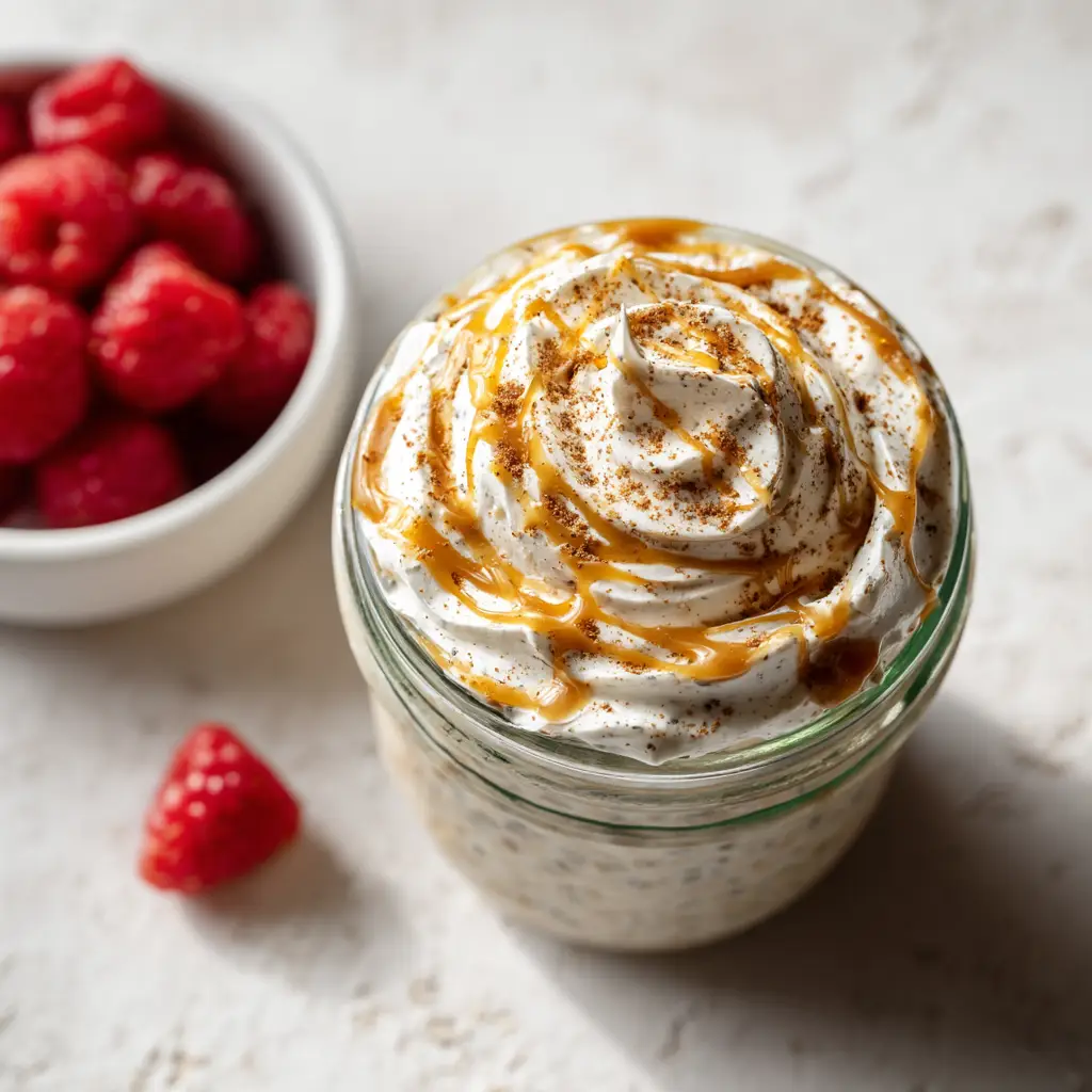 High Protein Cinnamon Roll Overnight Oats (The Best!) 2 An overhead view of the ingredients for healthy cinnamon roll oats being mixed in a glass jar.