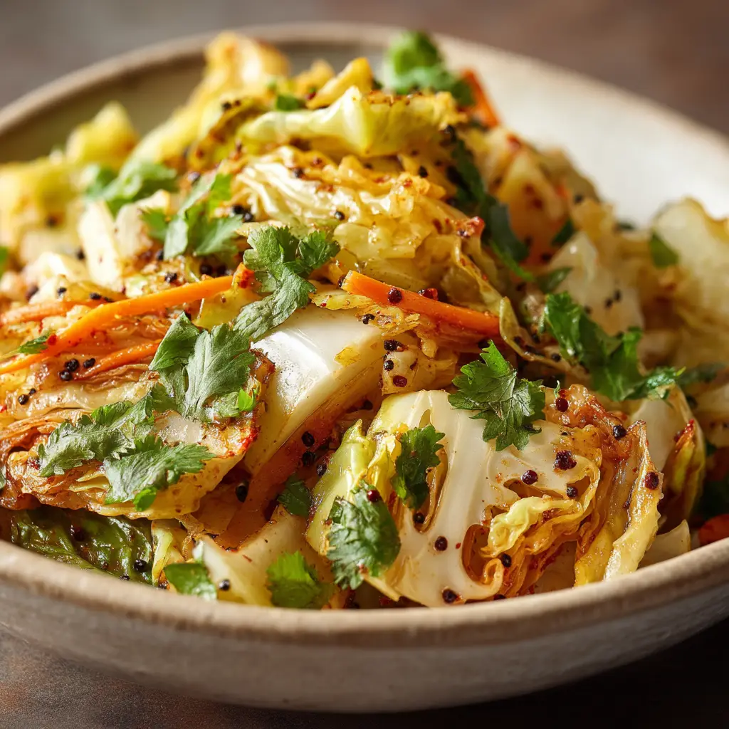 Indian Roasted Cabbage with Spiced Yogurt Drizzle 1 A plate of masala roasted cabbage wedges garnished with fresh cilantro and a side of cooling yogurt drizzle.