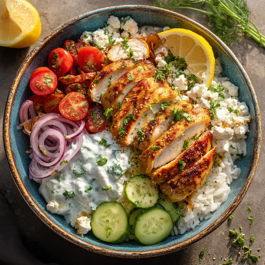 Assembling the Mediterranean chicken bowl with a drizzle of creamy tahini dressing being poured over the top.