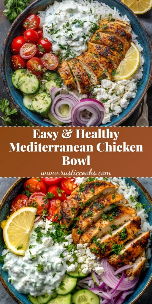 An overhead shot of a vibrant Mediterranean chicken bowl, featuring grilled chicken, quinoa, fresh vegetables, and a creamy dressing. Perfect for a healthy and easy meal.