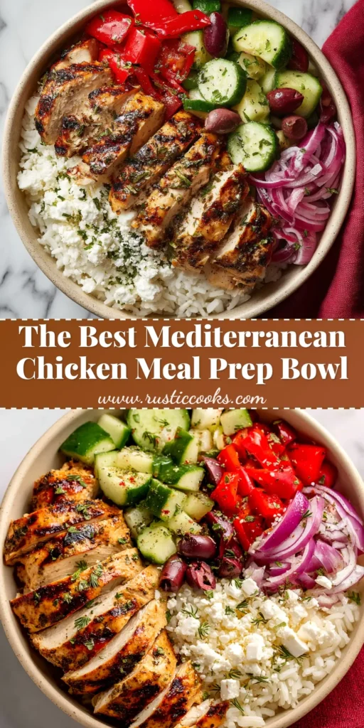 A vibrant and healthy Mediterranean Chicken Bowl packed with quinoa, fresh vegetables, and creamy tzatziki sauce, perfect for meal prep.