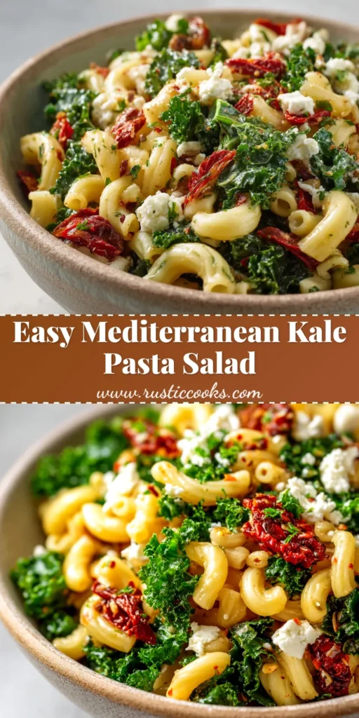 A large white bowl filled with Mediterranean Kale Pasta Salad, topped with feta cheese and fresh herbs, ready to be served.
