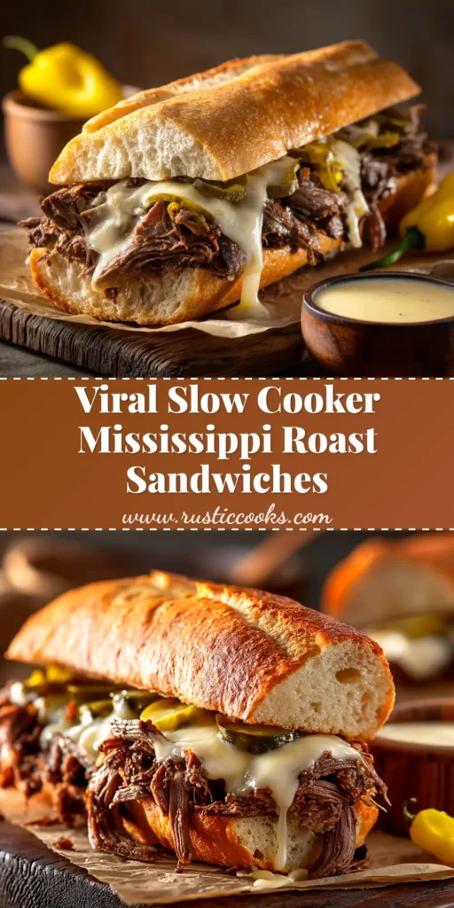 Mississippi Roast Sandwiches: The Ultimate Slow Cooker Recipe 4 An overhead shot of delicious Mississippi Roast Sandwiches on a wooden board. The shredded beef is piled high on a toasted bun, ready to be eaten.