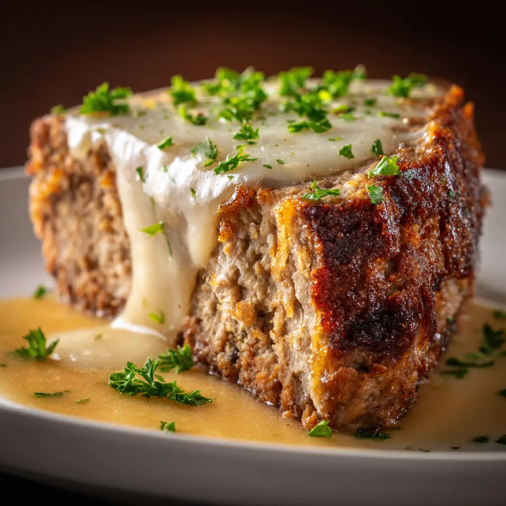 Garlic Parmesan Chicken Meatloaf: A Juicy & Flavorful Recipe 2 A thick, juicy slice of savory chicken meatloaf on a white plate, showcasing its moist texture and garlic-parmesan flecks.
