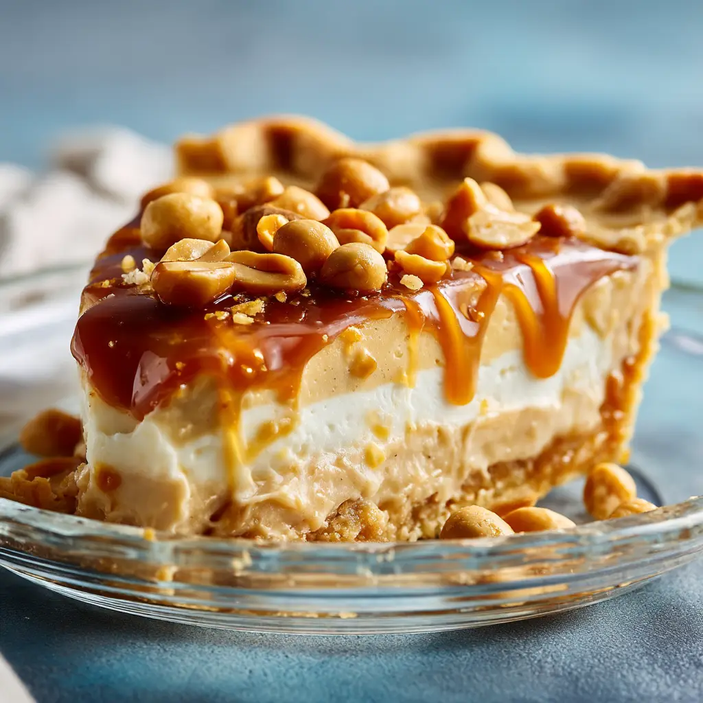 Payday Pie: The Ultimate Salty & Sweet No-Bake Treat 1 The entire no-bake Payday Pie in a glass dish before slicing, generously topped with a thick layer of caramel and salted peanuts.