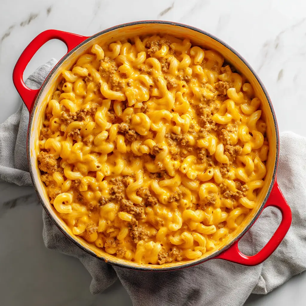 An extreme close-up overhead shot of cheesy one-pan ground beef and macaroni. You can see the texture of the creamy sauce and tender pasta.