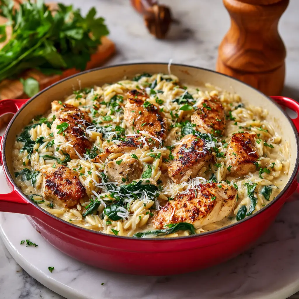 The one-pan high protein chicken orzo being stirred in a skillet, showcasing the simple cooking process.
