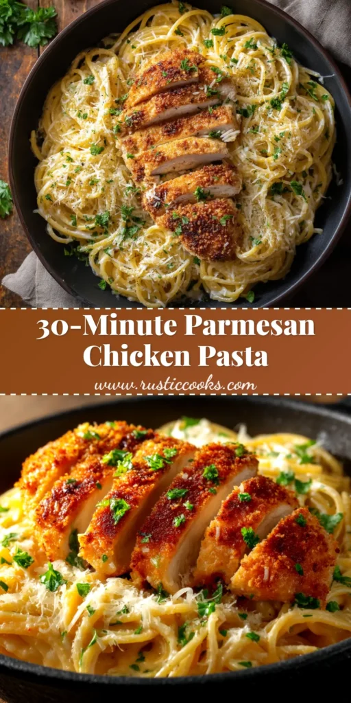 A mouth-watering bowl of creamy one-pan Parmesan Chicken Pasta, garnished with fresh parsley. The perfect easy weeknight dinner recipe.