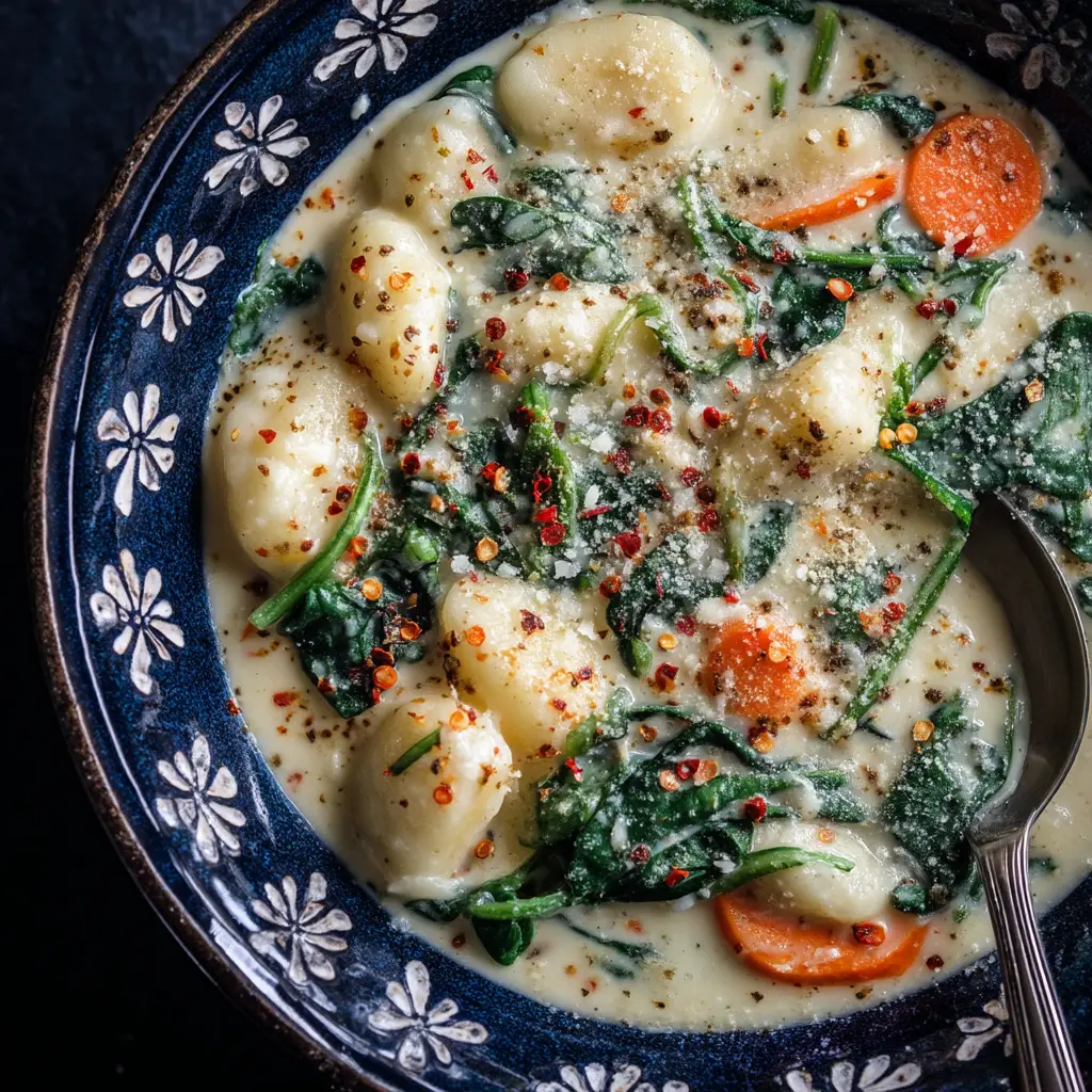 A spoonful of one-pot vegetarian gnocchi soup being lifted from a bowl, showing the rich texture of the broth and ingredients.