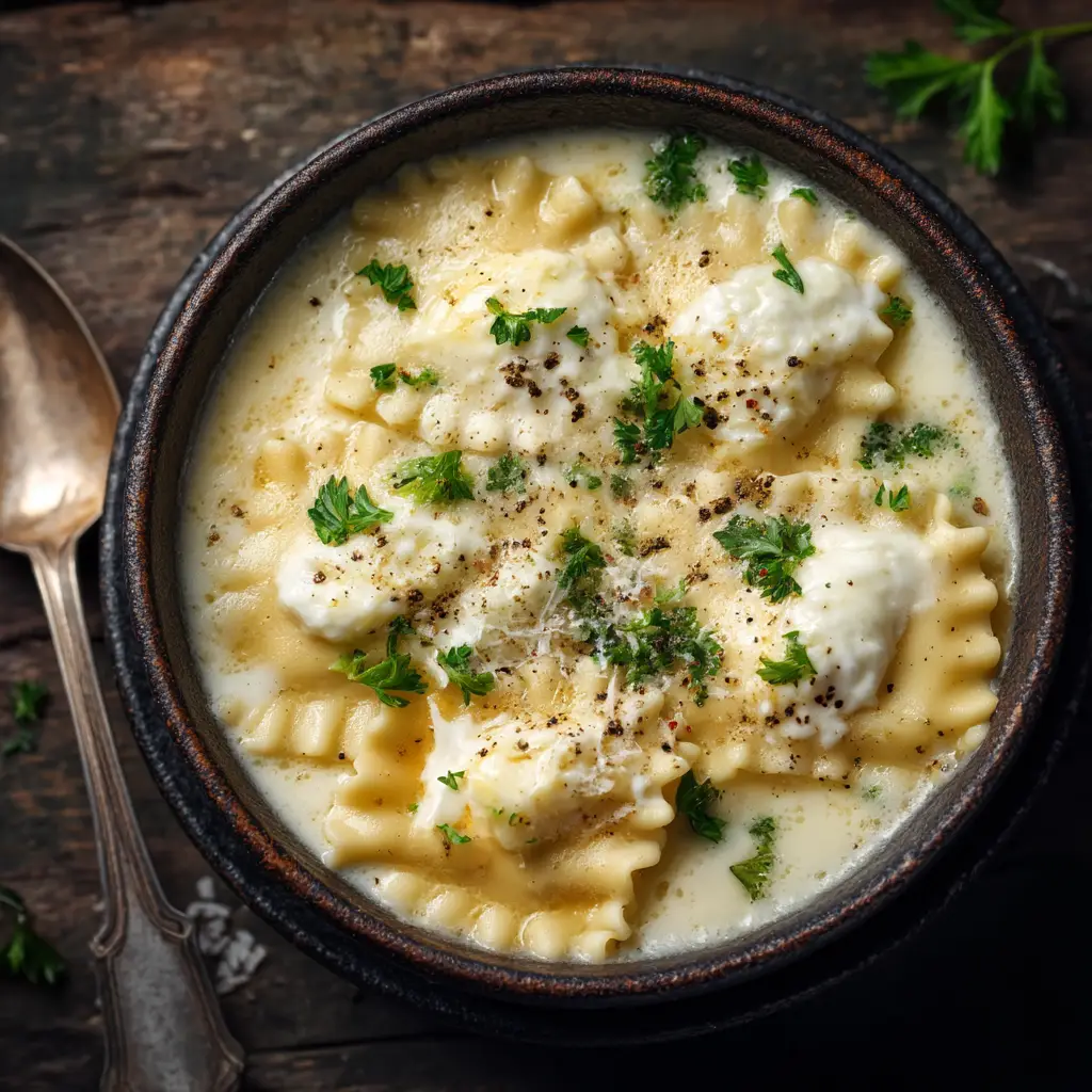 An overhead shot of a rustic bowl filled with creamy chicken lasagna soup, garnished with herbs.