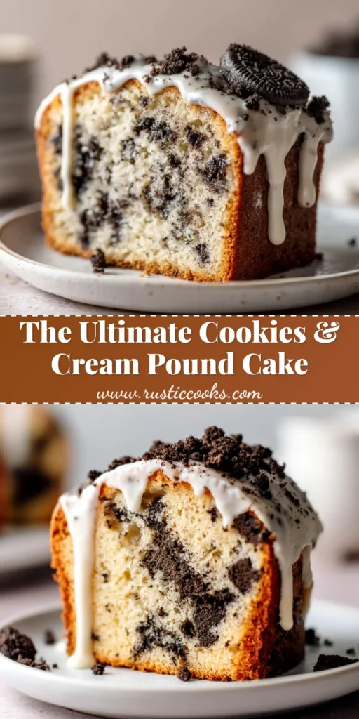 Oreo Pound Cake: The Ultimate Cookies and Cream Dream 3 A stunning Oreo Pound Cake on a white cake stand, drizzled with white chocolate ganache and topped with crushed Oreos.