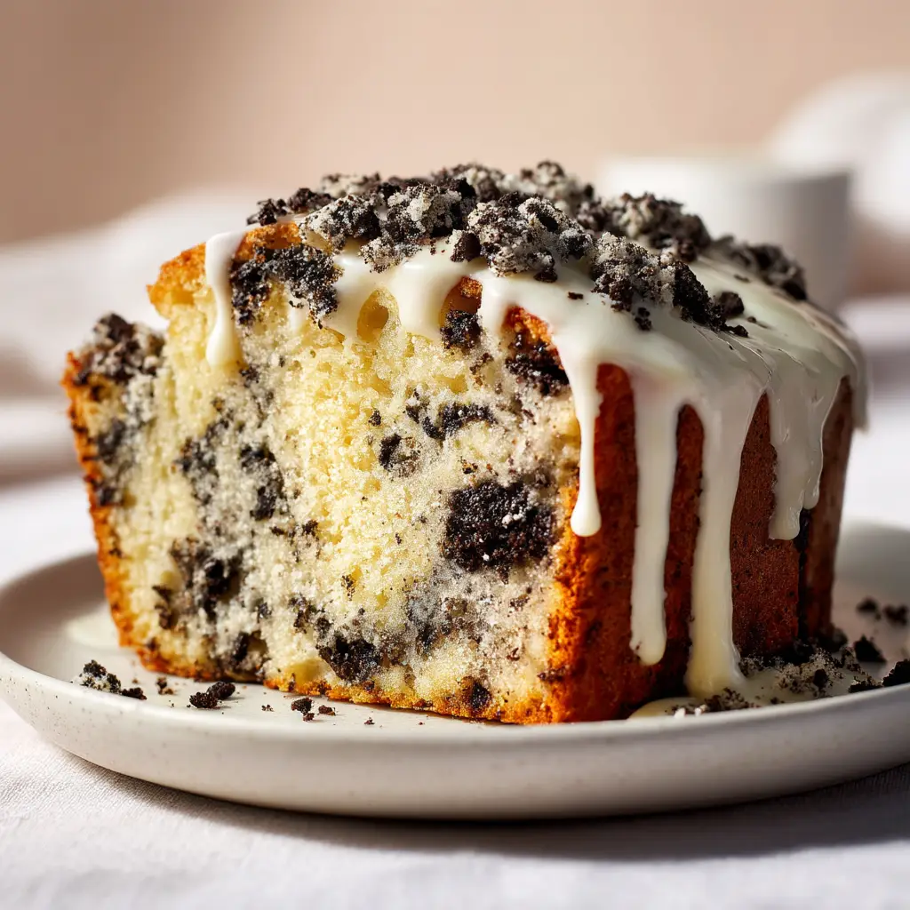 A close-up shot of a thick slice of moist Oreo pound cake, revealing the cookies and cream crumb texture.