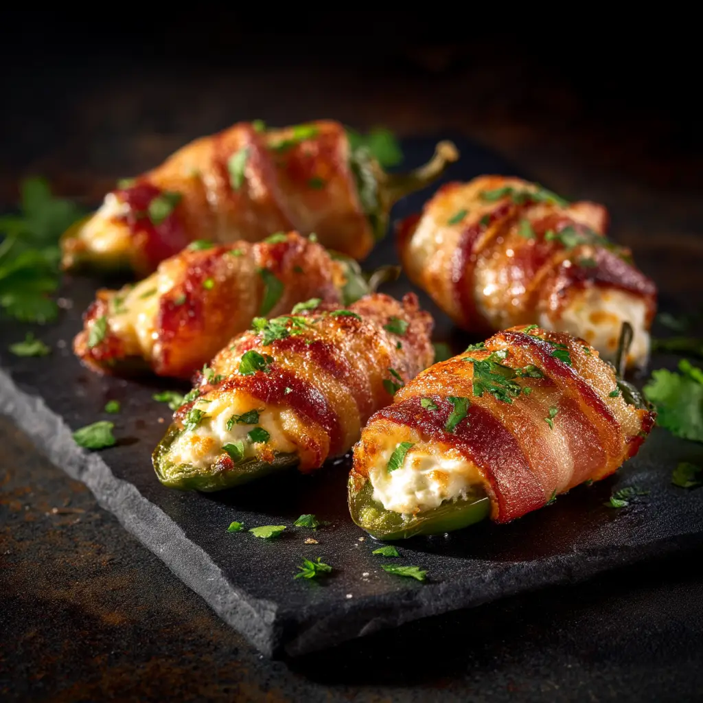 A serving plate of oven-baked jalapeno poppers, showcasing the crispy bacon and golden-brown cheese.