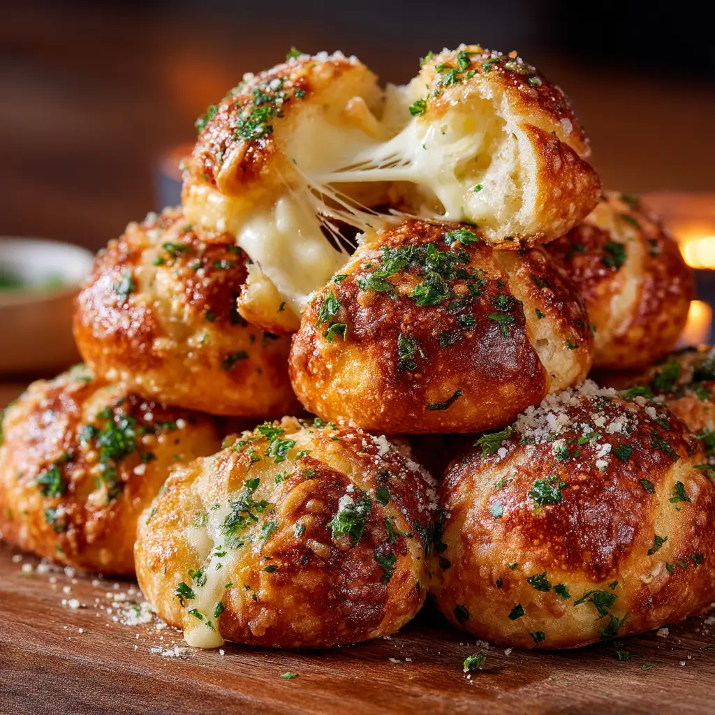 Garlic Butter Cheese Bombs (The Easiest, Cheesiest Appetizer) 1 A hand pulling one of the garlic bread bites away from the skillet, revealing a satisfying, stringy cheese pull.