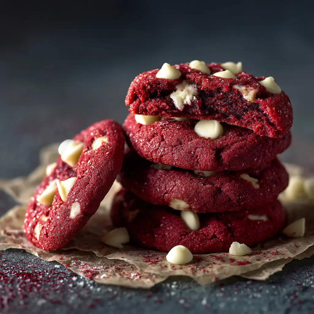 Red Velvet Cookies Recipe (Chewy & Easy) 1 A close-up of a red velvet cookie broken in half to show the soft and moist inside crumb.