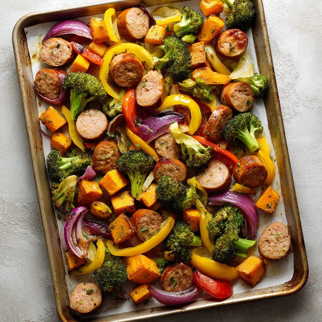 Roasted chicken sausage and colorful vegetables spread on a rustic sheet pan. A healthy and easy one-pan dinner idea.