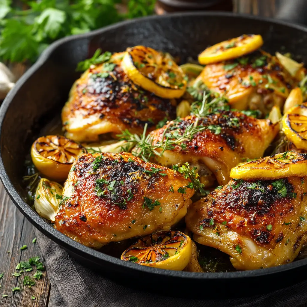 A close-up shot of roasted Greek lemon chicken thighs in a baking dish, showing off their crispy, golden-brown skin and the tender potatoes underneath.