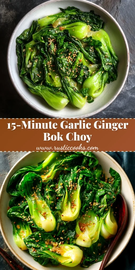 A close-up overhead shot of freshly sautéed bok choy in a white serving bowl, garnished with sesame seeds. The title reads 'Easy 10-Minute Sautéed Bok Choy'.