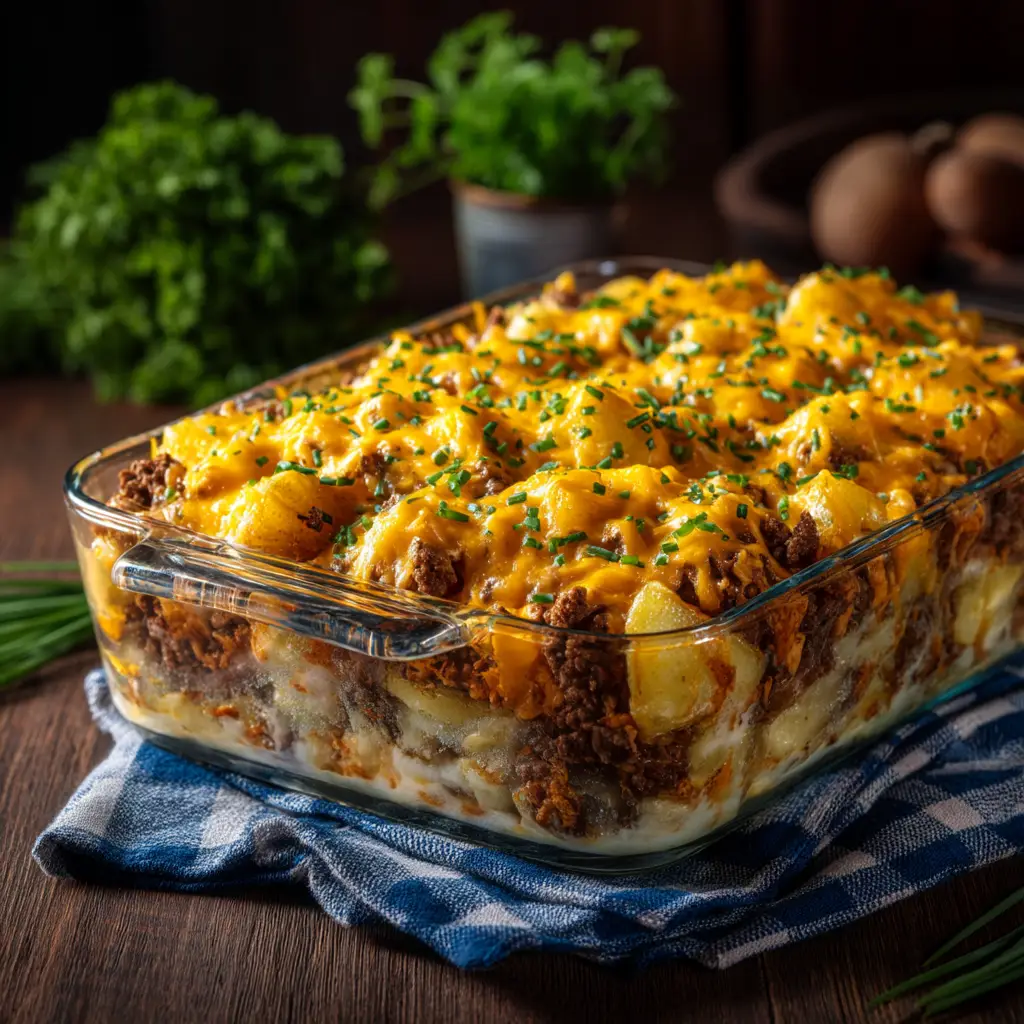 Amish Casserole: The Hearty & Creamy Comfort Food Recipe 1 A scoop of creamy Amish Casserole being lifted from a baking dish with a spatula, showing the layers of noodles, ground beef, and cheesy topping.