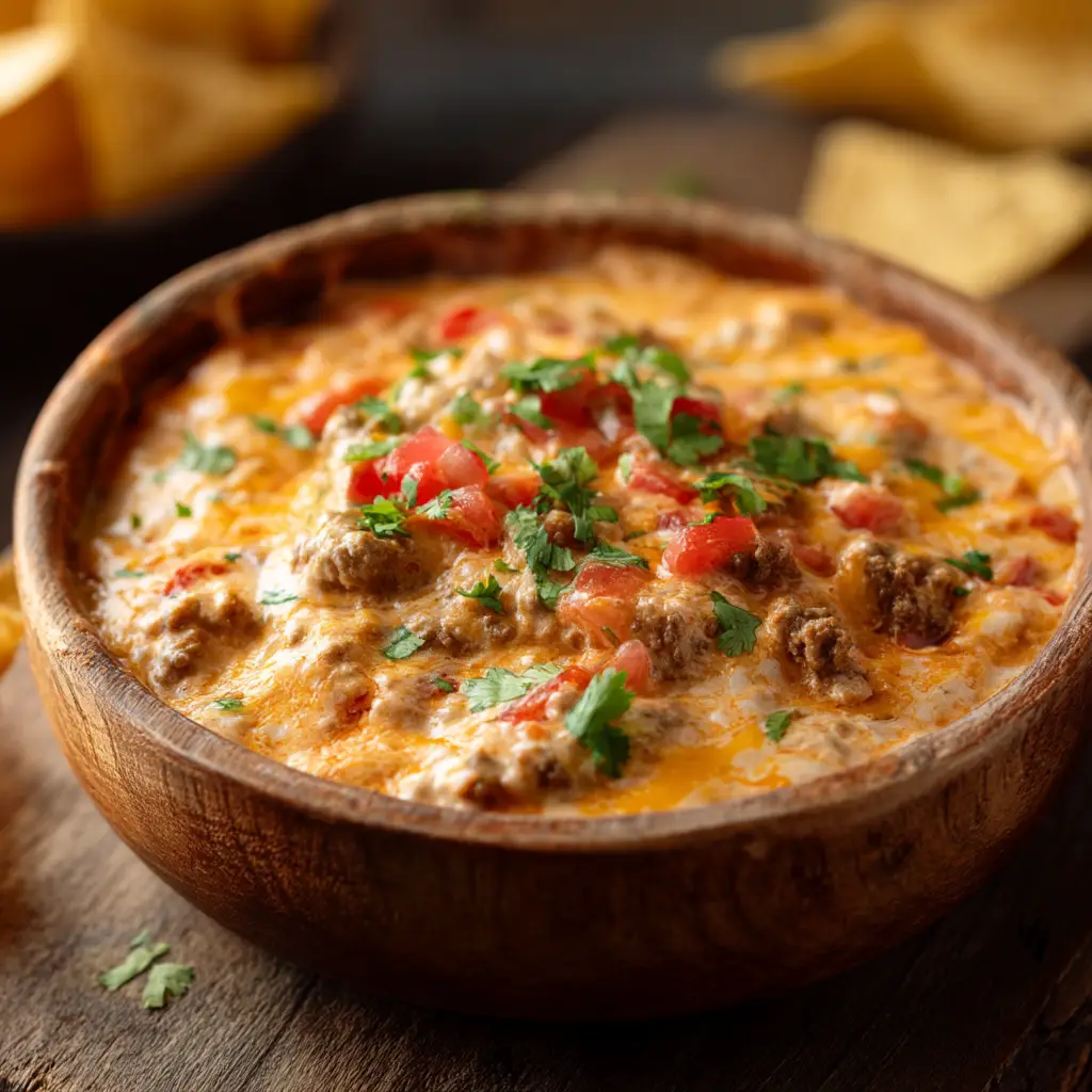 A spoonful of warm Velveeta Rotel dip being lifted from a crockpot, showing a cheesy pull and hearty texture.