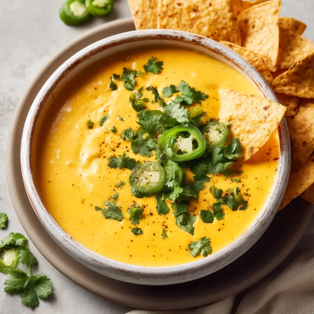 High Protein Cottage Cheese Queso (The Ultimate Healthy Dip) 1 A bowl of finished high protein cottage cheese queso served with a side of colorful bell pepper strips and tortilla chips.