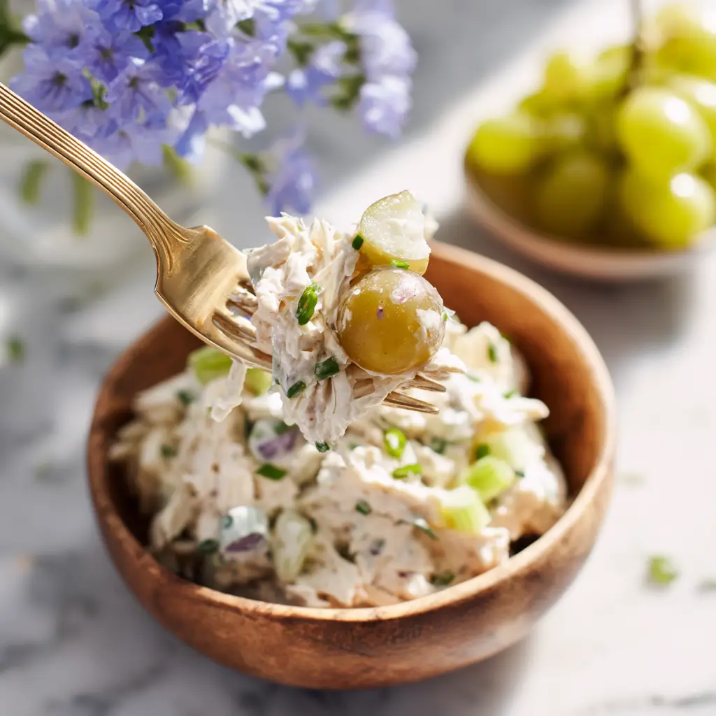 A spoonful of healthy chicken salad being lifted from a bowl, ready to be eaten. Shows the fresh ingredients like celery and red onion.