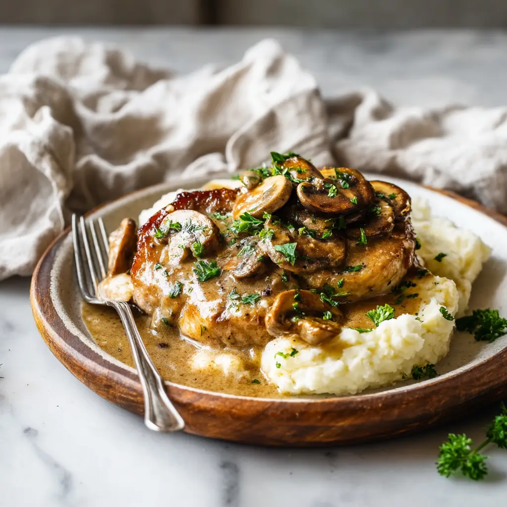 Juicy crock pot pork chops being served from a slow cooker, with steam rising from the rich gravy.