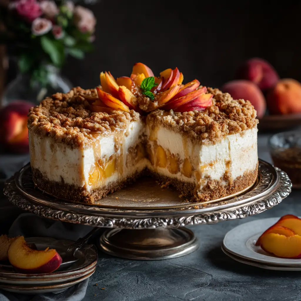 Bourbon Peach Streusel Cheesecake: The Ultimate Guide 2 A perfect slice of creamy peach cheesecake on a white plate, showing the distinct layers of graham cracker crust, creamy filling, peaches, and streusel.