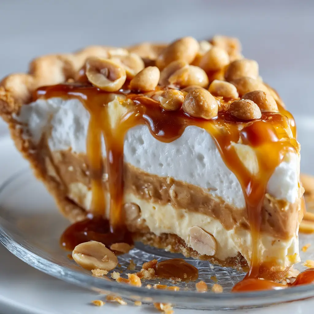 Payday Pie: The Ultimate Salty & Sweet No-Bake Treat 2 A close-up slice of no-bake Payday Pie on a white plate, showing the distinct layers of peanut crust, creamy nougat filling, and caramel topping.