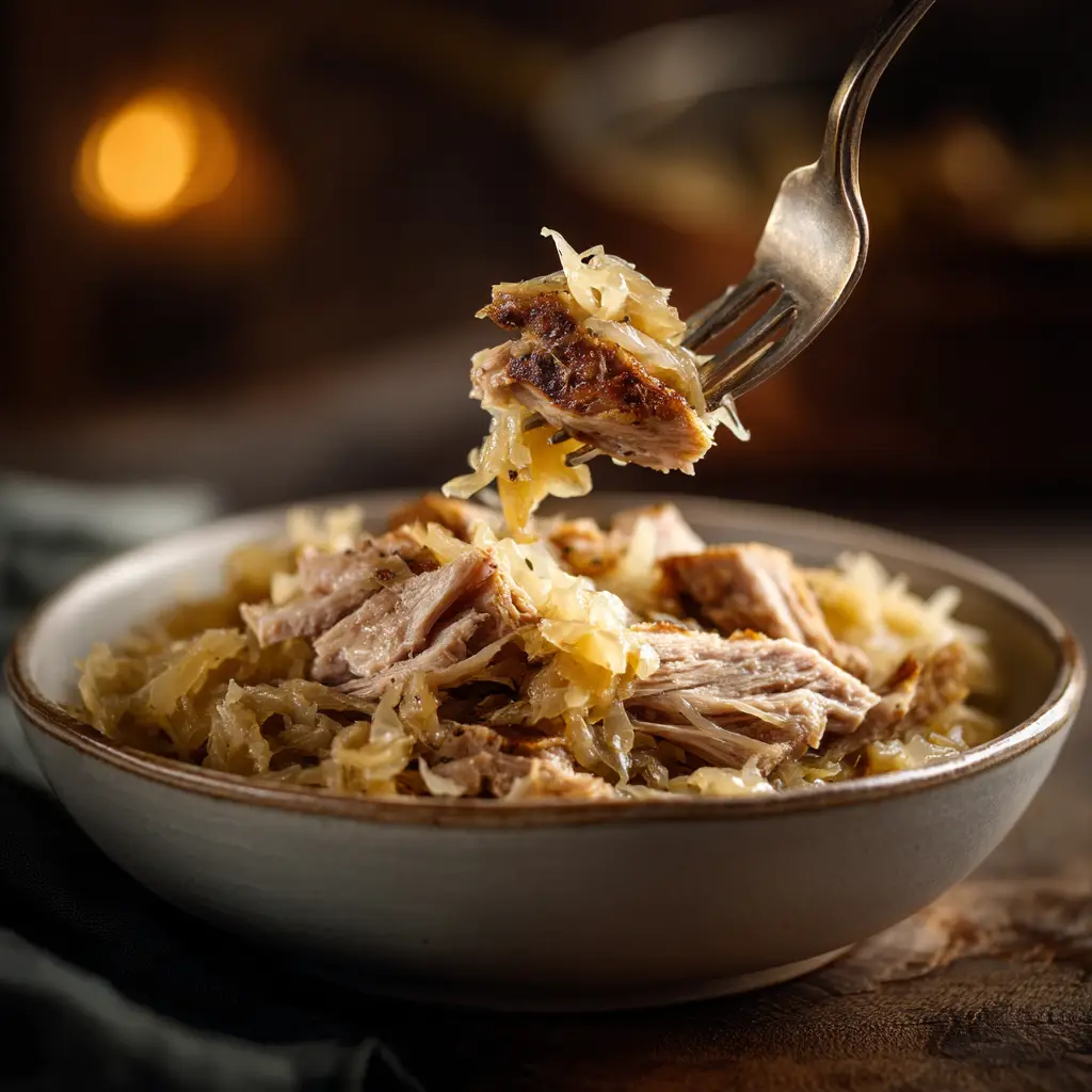 Pork And Sauerkraut Recipe (The Ultimate Guide) 1 A beautiful serving of slow-cooked pork shoulder and sauerkraut in a rustic bowl, ready to serve for a comforting dinner.