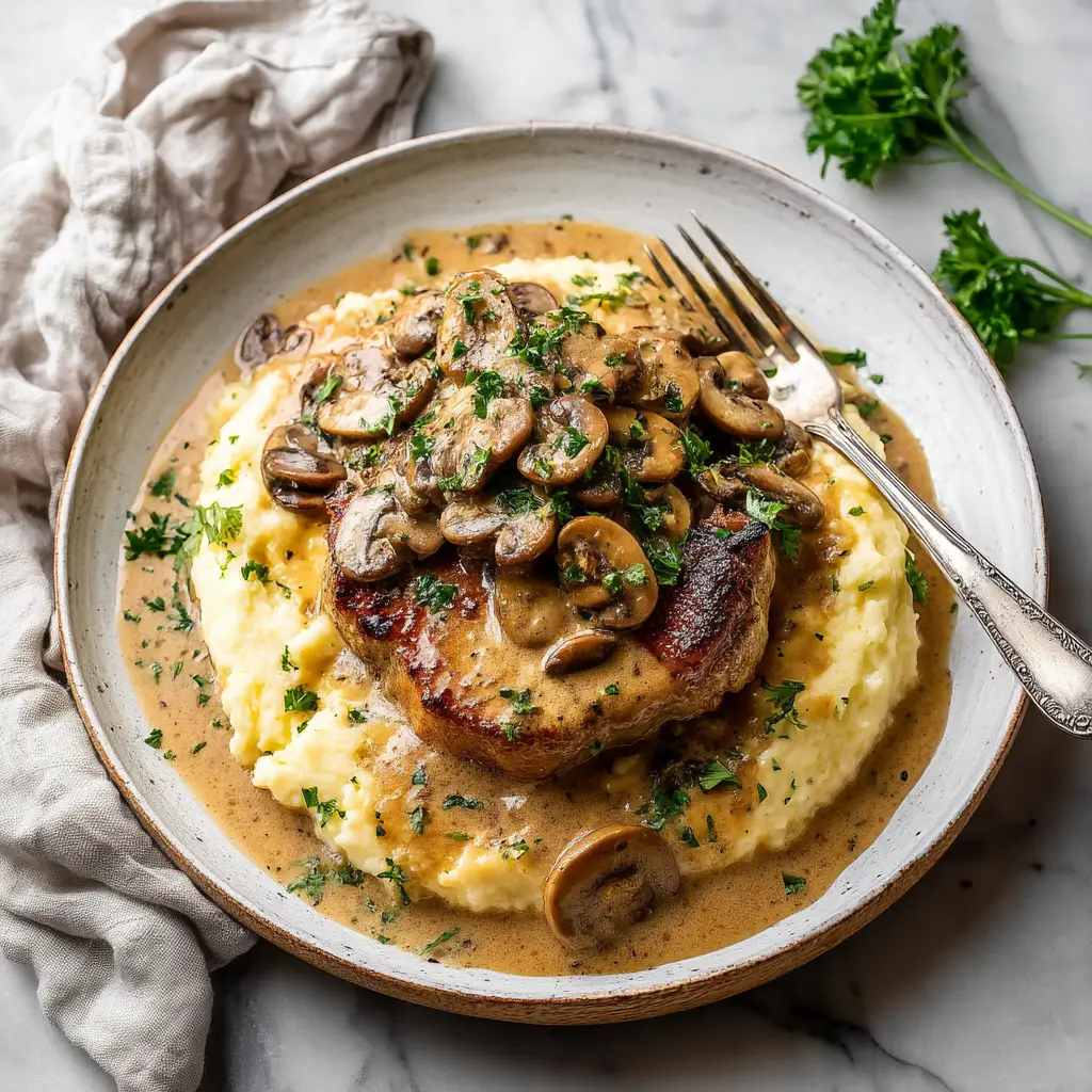 A single slow cooker pork chop served on a plate and covered in a thick, savory onion and garlic gravy.
