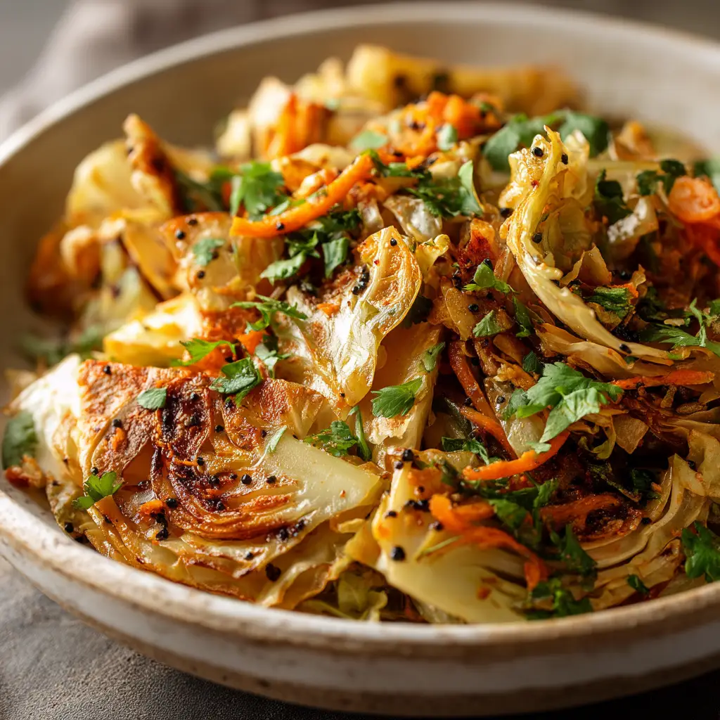 Indian Roasted Cabbage with Spiced Yogurt Drizzle 2 A close-up shot of spiced roasted cabbage, showing the crispy, caramelized edges and tender layers seasoned with turmeric and cumin.