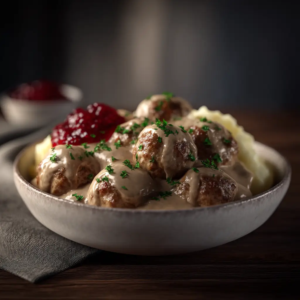 A close-up shot of homemade Swedish meatballs simmering in a skillet with a creamy, savory gravy. The sauce is bubbling around the perfectly browned meatballs.